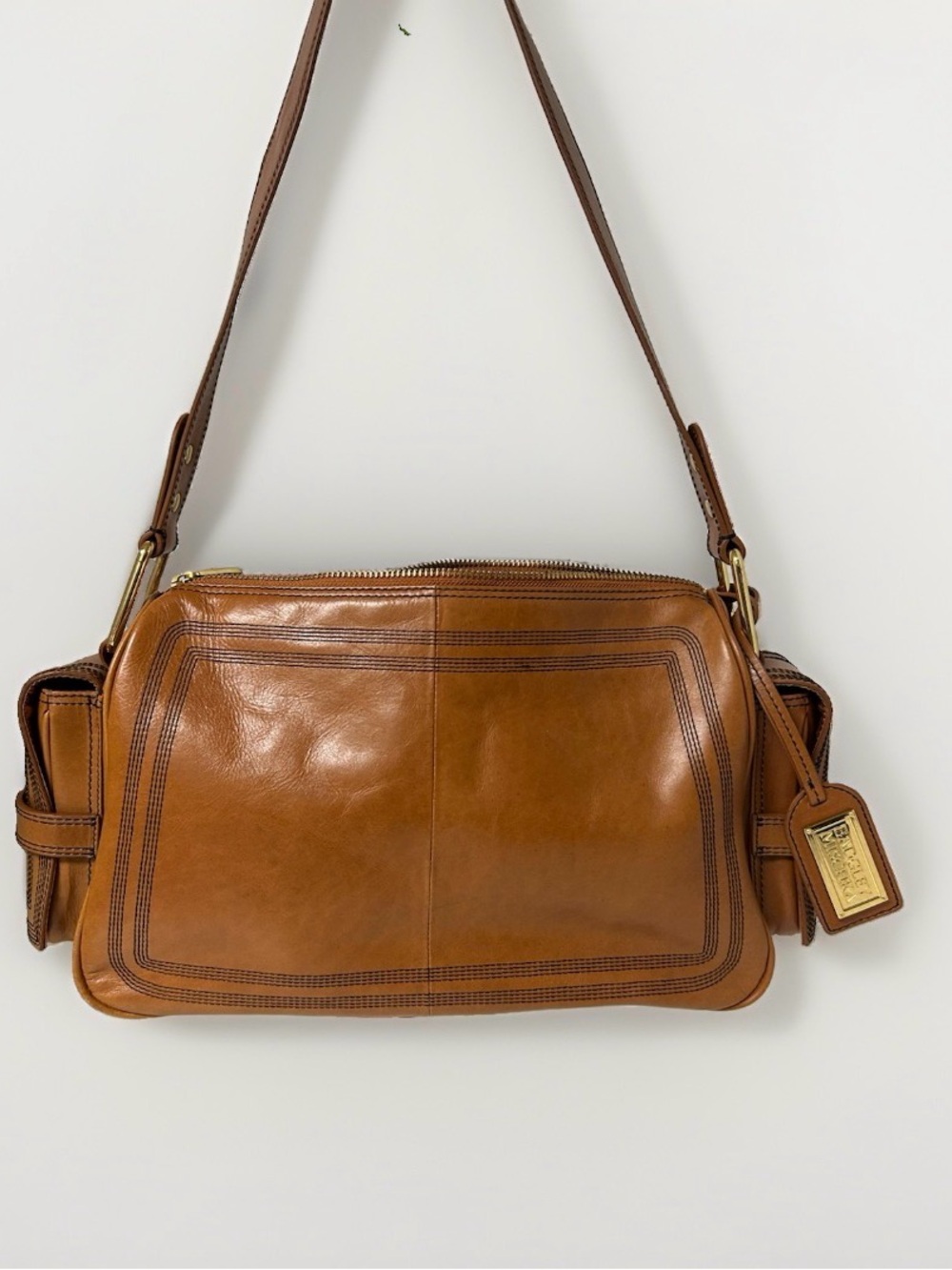 VTG Badgley Mischka Camel Tan Leather Shoulder Bag Y2K Boho Indie Sleek Designer